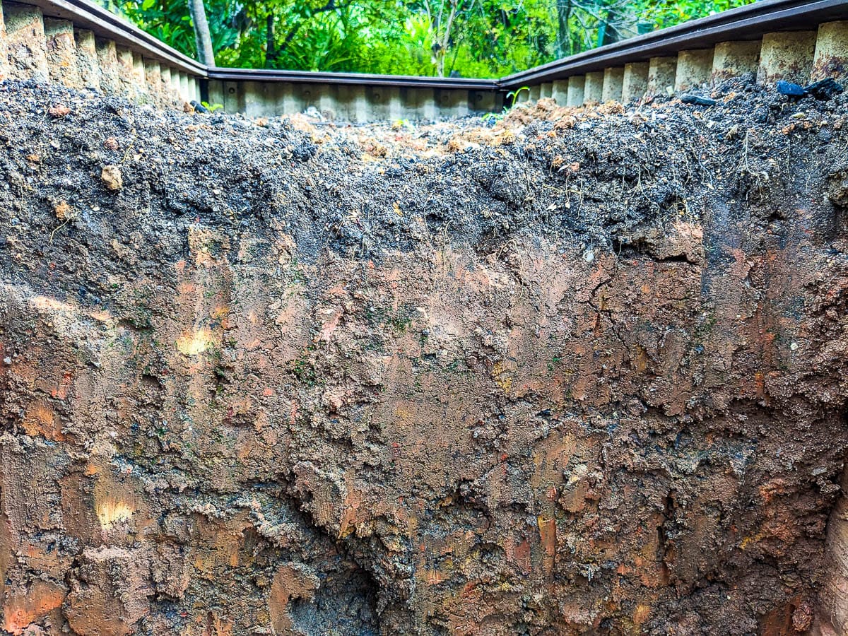 A cross-section of layers of soil, dirt, and rocks 